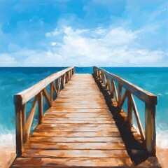 Fototapeta premium A serene wooden pier extending over tranquil blue waters under a bright sky.