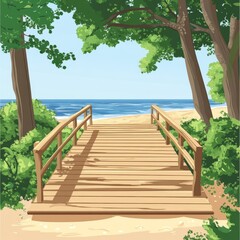 Fototapeta premium A serene wooden bridge leading to a tranquil beach, surrounded by lush greenery and bright blue skies.