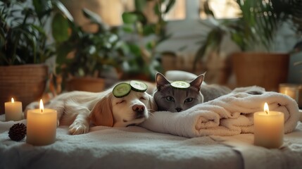 A serene spa-themed setting with a dog and cat lying on a towel, cucumber slices on its eyes, surrounded by lit candles and soft towels.