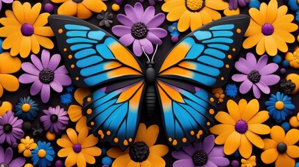 Obraz premium A vibrant blue and orange butterfly with black spots rests amidst a bed of colorful flowers, all seemingly crafted from clay