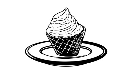 Scoop of ice cream placed on top of a waffle, displayed on a dessert plate, Food Illustration