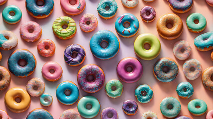 Fototapeta premium A vibrant rainbow donut with a glossy, multicolored glaze and shimmering sprinkles arranged in intricate patterns. Crisp details under bright studio lights