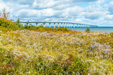 A view along the side of the Confederation bridge, Prince Edward Island, Canada in the fall