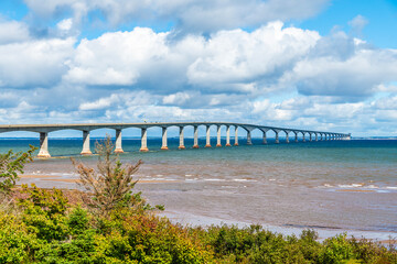 A closeup view along the side of the Confederation bridge, Prince Edward Island, Canada in the fall