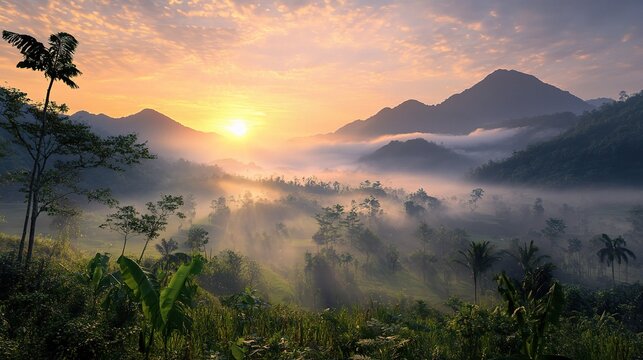 &acirc;&euro;&cent; Sunrise over misty mountains. Peaceful morning, copy space, High quality, + --ar 16:9 --v 6.1 Job ID: 42dca500-fc55-4a2b-8802-112257295203
