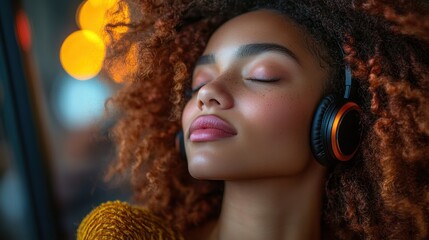 Serene young woman with curly hair listening to music with headphones, eyes closed.