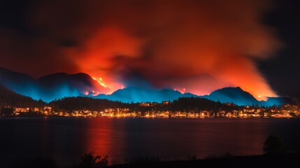 Fototapeta premium A dramatic night scene of a wildfire illuminating the mountain and reflecting on the water.