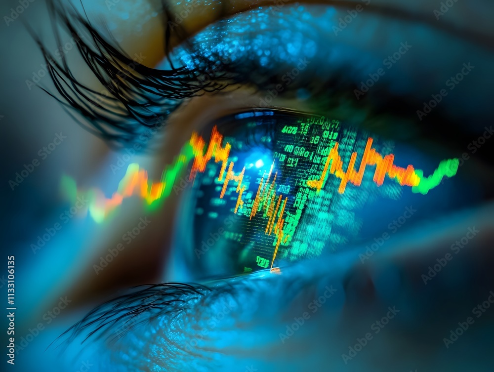 Poster close-up of human eye with reflected data and graphs, symbolizing vision and insight in finance, tec