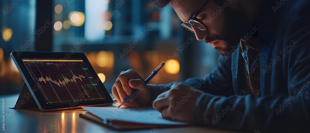 Poster Focused individual studying market trends and making notes while using a digital tablet displaying stock charts in a dimly lit environment at night