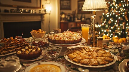 Fototapeta premium Christmas dessert table with various pastries, cakes, and fruits.