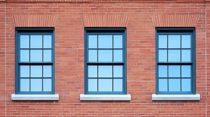 Fototapeta premium Three symmetrical windows on a brick wall, showcasing architectural design and aesthetics.