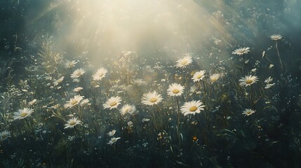 Obraz premium Sunlit Meadow of Daisies: A serene landscape photograph showcasing a field of daisies bathed in the soft, ethereal glow of morning sunlight, creating a tranquil and dreamlike atmosphere. 
