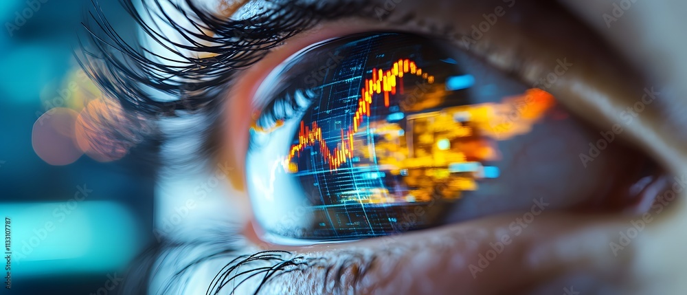 Poster close-up view of an eye with reflected financial market data and graphs, symbolizing market trends a