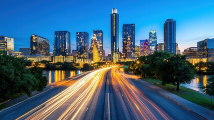 A vibrant city skyline at dusk, featuring illuminated skyscrapers and light trails from passing vehicles, showcasing urban life and modern architecture.