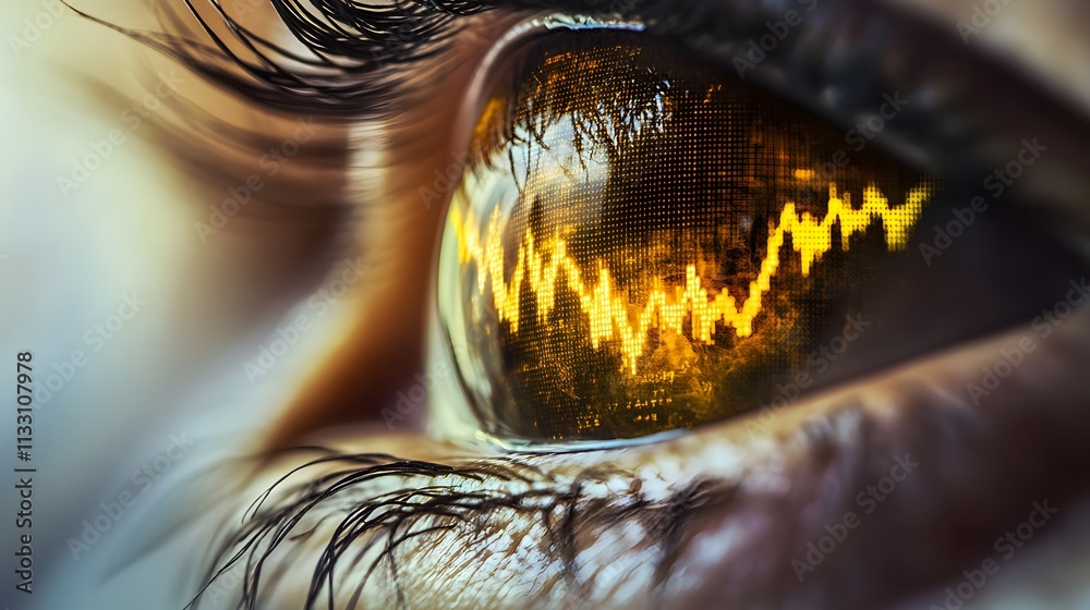 Aufkleber macro close-up of an eye reflecting stock market trends with digital fluctuations in a golden hue, s