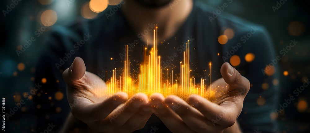 Poster Hands Emitting Glowing Energy Representing Sound Waves and Vibrations in a Dark Ambient Setting with Bokeh Background and Warm Lighting