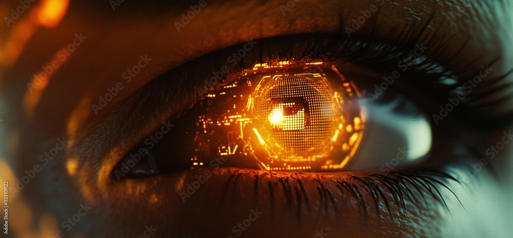 Poster a close-up of a futuristic eye with digital circuitry and glowing elements.