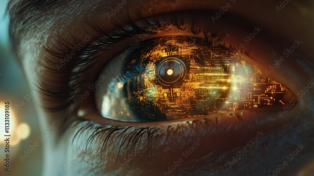 Poster A close-up of a futuristic eye with digital circuitry and glowing elements.