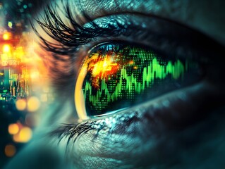 Human eye with reflection of stock market data, displaying vibrant green graphs and colorful city lights, symbolizing finance, technology, and observation in the digital age.