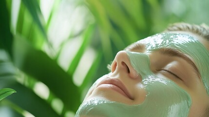 Fototapeta premium Woman relaxing with a green facial mask amidst lush foliage.