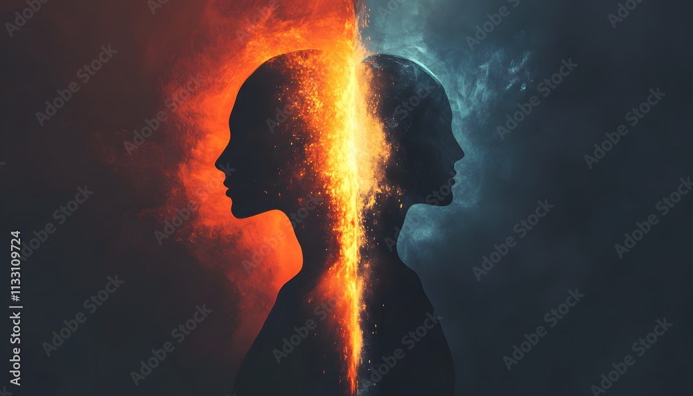 Poster artistic representation of duality in human nature with flame and ice symbolism showcasing inner con