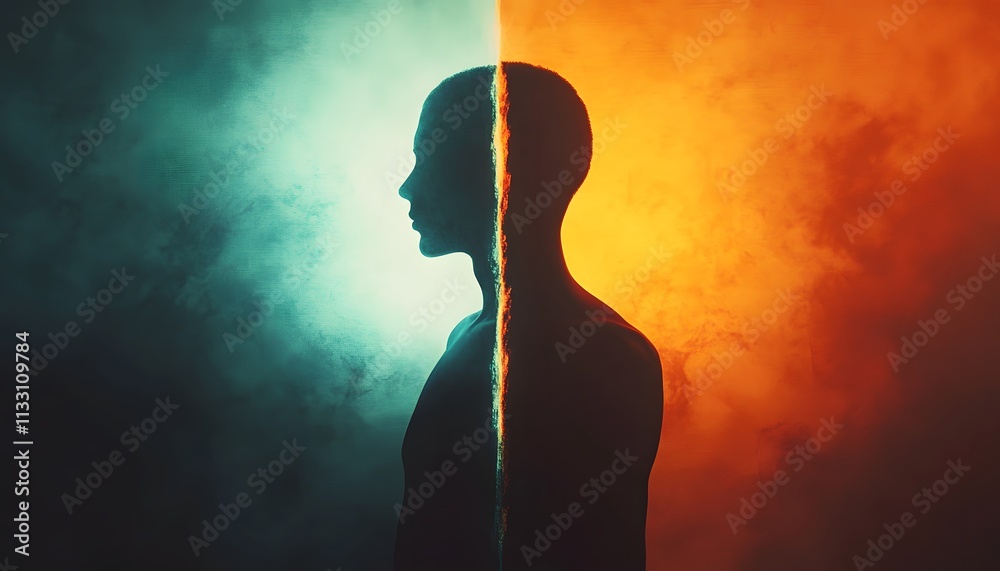 Poster Surreal Concept of Duality Featuring a Silhouette Against Colorful Backgrounds Representing Light and Dark, Warm and Cool Emotions in Artistic Visual