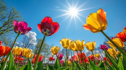 Obraz premium Vibrant tulips blooming under bright sunshine.