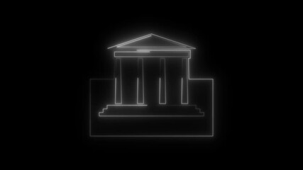 Neon bank building icon animation. Online banking and investment, central bank on black background.