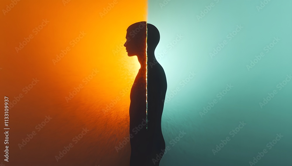 Poster abstract concept of duality in human experience represented by silhouette of a person divided by war