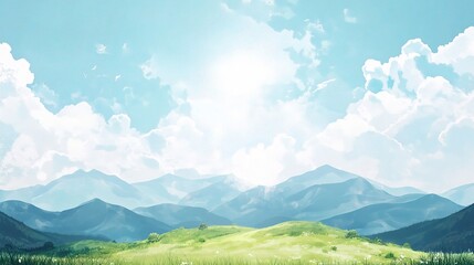 Fototapeta premium Tranquil Mountain Meadow: A serene landscape unfolds with lush green meadows, majestic mountains, and a vibrant blue sky dotted with fluffy clouds. The sun bathes the scene in a warm glow.