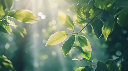 Obraz premium Light Rays Beaming Through Vibrant Green Leaves in Forest Setting
