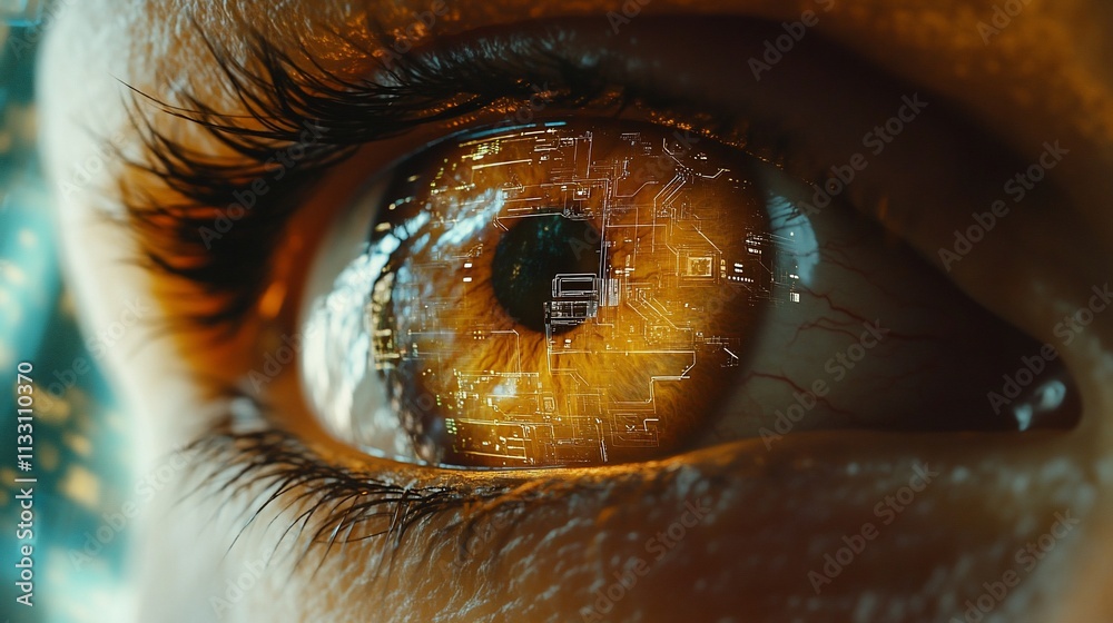 Poster A close-up of an eye with a digital circuit design reflected in it.