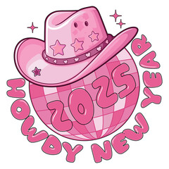 Howdy New Year 2025 retro pink cowboy hat T-Shirt Design 