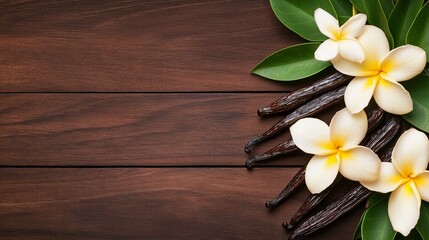 Naklejka premium Delicate yellow plumeria flowers with vanilla pods arranged on a rustic wooden surface.