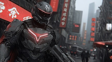 Cyberpunk Warrior in Neon-Lit Urban Environment