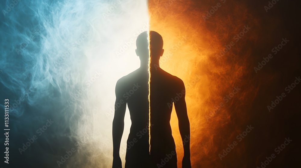 Poster Silhouette of a Person Surrounded by Blue and Orange Smoke Representing Duality and Inner Conflict in a Dramatic Visual Display of Light and Shadow
