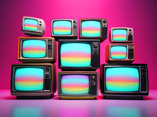 Vintage televisions stacked isolated on a neon background