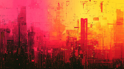 Obraz premium Abstract cityscape in vibrant red, orange, and yellow tones, blending geometric patterns with futuristic digital textures.