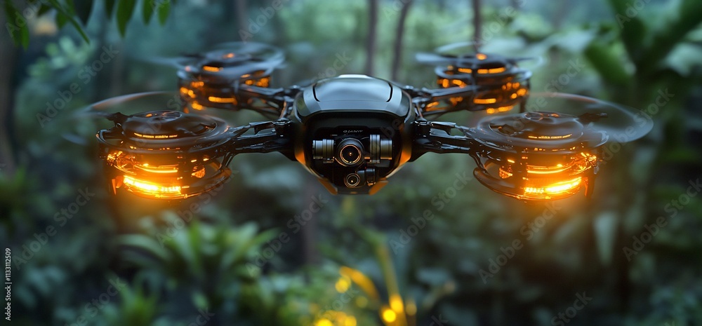 Poster a futuristic drone with glowing lights hovering in a lush jungle setting.