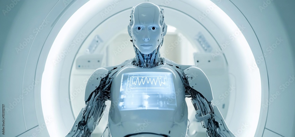 Poster A humanoid robot with a glowing chest display in a futuristic environment.