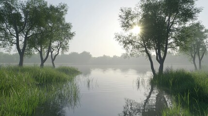 Obraz premium Tranquil morning reflection serene lake nature scene foggy landscape peaceful view serenity