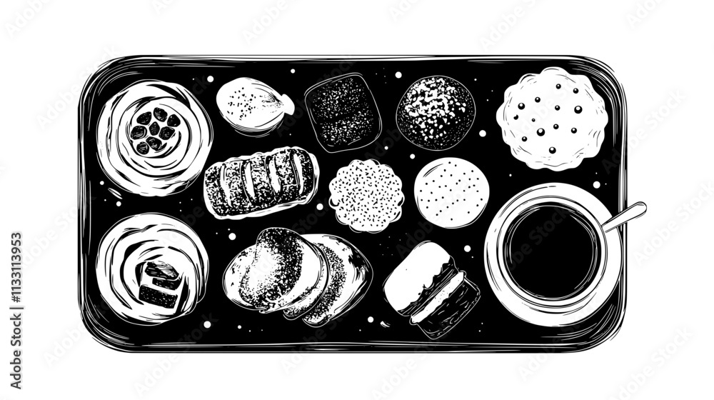 Wall mural Selection of pastries arranged on a ceramic tray next to a cup of tea, Culinary Vector Graphic