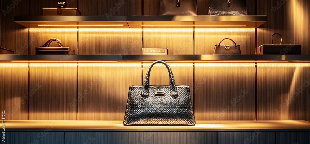 Poster a stylish handbag displayed on a well-lit shelf in a luxury setting.