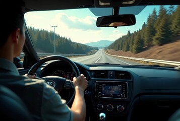 The point-of-view perspective from a driving car on a highway captures the sense of motion and travel
