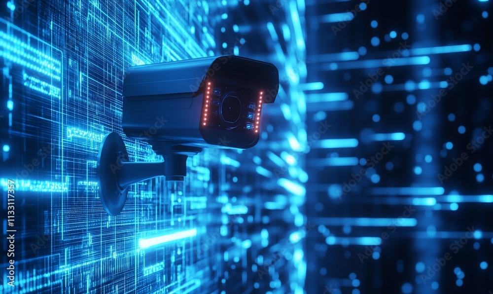 Poster a surveillance camera against a digital background of blue data streams.
