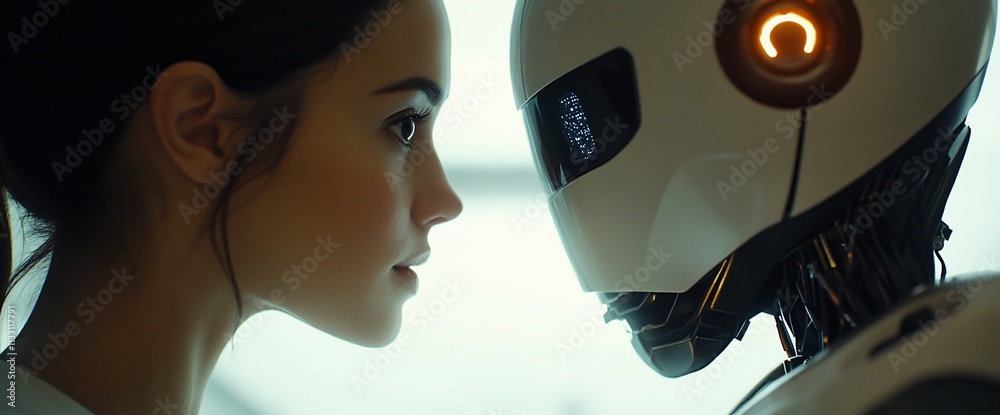 Poster a woman and a robot face each other, exploring human-robot interaction.