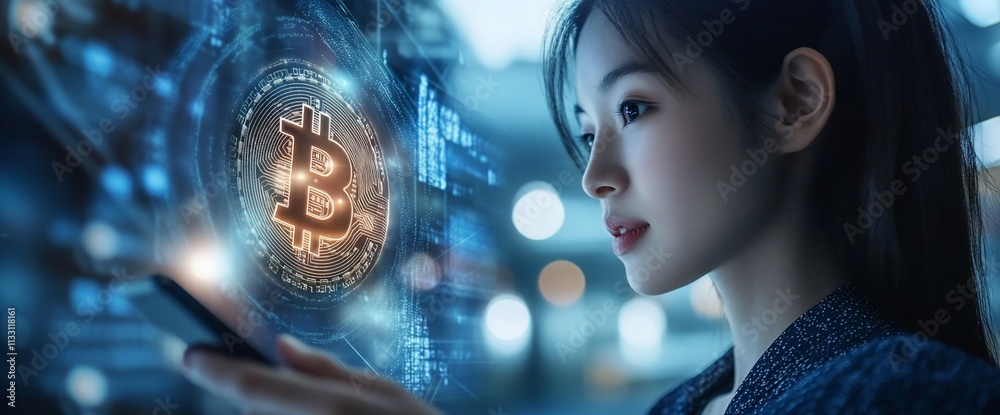 Poster a woman interacting with a smartphone displaying a bitcoin symbol.