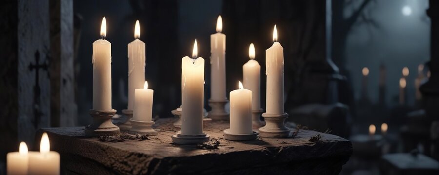 Ghostly white candles creating a mystical aura in dark graveyard, ethereal, enigmatic, mystical, aura