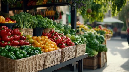 Obraz premium Fresh and Colorful Vegetables at Outdoor Market Stall Baskets for Healthy Eating and Organic Lifestyle