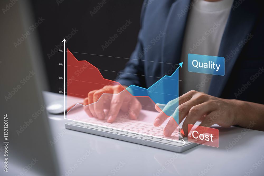 Aufkleber Business cost and quality analysis for performance optimization. Hands typing on keyboard with a digital overlay of graphs, showcasing trends, insights, and efficiency improvement strategies